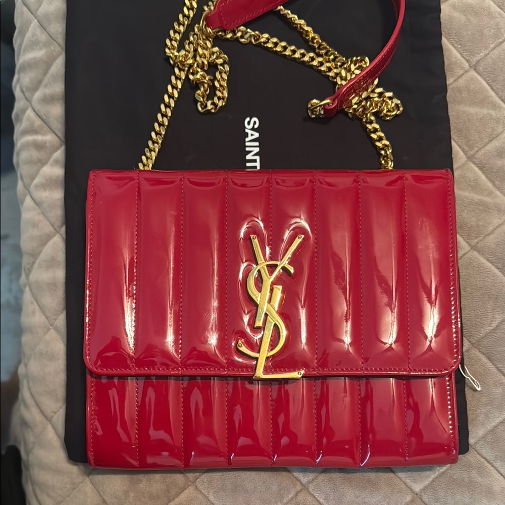 Yves Saint Laurent Glossy Red Crossbody Bag with Gold Chain